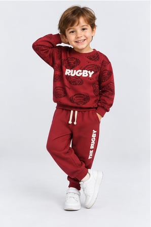Erkek Çocuk Rugby Topu Baskılı Pamuklu Sweatshirt ve Pantolon Eşofman Takımı Ak119