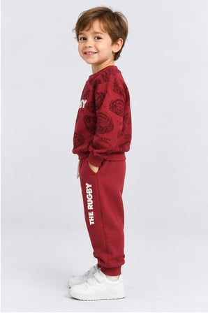 Erkek Çocuk Rugby Topu Baskılı Pamuklu Sweatshirt ve Pantolon Eşofman Takımı Ak119