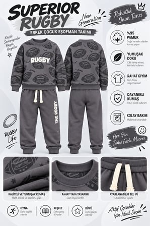 Erkek Çocuk Rugby Topu Baskılı Pamuklu Sweatshirt ve Pantolon Eşofman Takımı Ak119