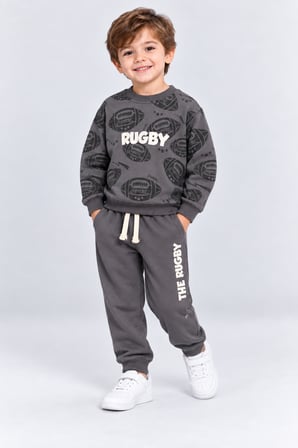 Erkek Çocuk Rugby Topu Baskılı Pamuklu Sweatshirt ve Pantolon Eşofman Takımı Ak119