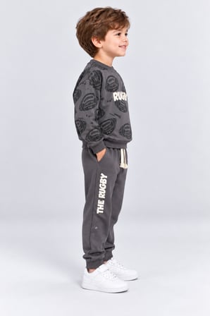 Erkek Çocuk Rugby Topu Baskılı Pamuklu Sweatshirt ve Pantolon Eşofman Takımı Ak119