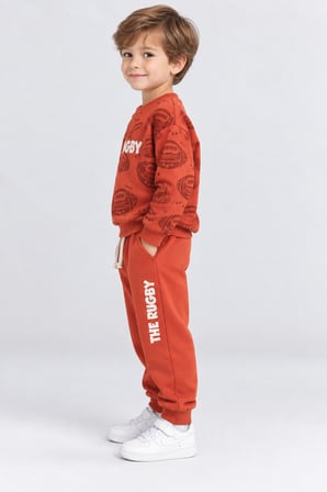 Erkek Çocuk Rugby Topu Baskılı Pamuklu Sweatshirt ve Pantolon Eşofman Takımı Ak119