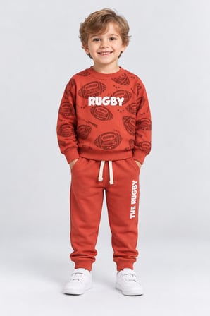 Erkek Çocuk Rugby Topu Baskılı Pamuklu Sweatshirt ve Pantolon Eşofman Takımı Ak119
