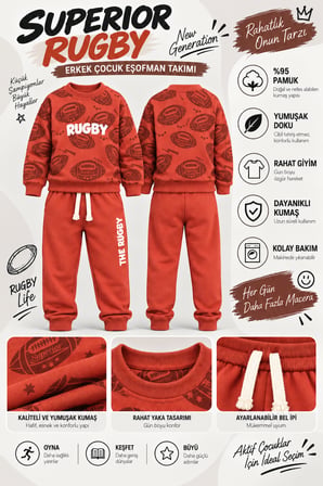Erkek Çocuk Rugby Topu Baskılı Pamuklu Sweatshirt ve Pantolon Eşofman Takımı Ak119