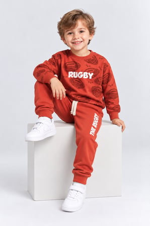 Erkek Çocuk Rugby Topu Baskılı Pamuklu Sweatshirt ve Pantolon Eşofman Takımı Ak119