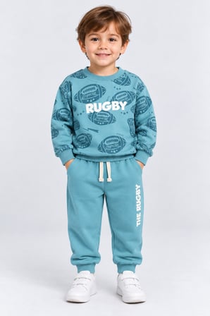 Erkek Çocuk Rugby Topu Baskılı Pamuklu Sweatshirt ve Pantolon Eşofman Takımı Ak119