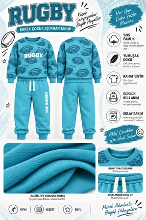 Erkek Çocuk Rugby Topu Baskılı Pamuklu Sweatshirt ve Pantolon Eşofman Takımı Ak119