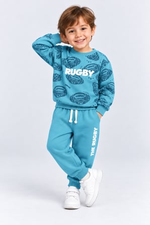 Erkek Çocuk Rugby Topu Baskılı Pamuklu Sweatshirt ve Pantolon Eşofman Takımı Ak119