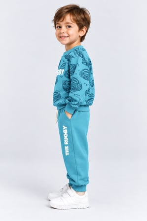 Erkek Çocuk Rugby Topu Baskılı Pamuklu Sweatshirt ve Pantolon Eşofman Takımı Ak119