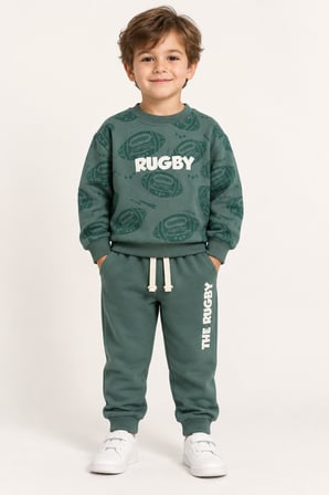 Erkek Çocuk Rugby Topu Baskılı Pamuklu Sweatshirt ve Pantolon Eşofman Takımı Ak119