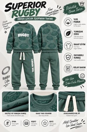 Erkek Çocuk Rugby Topu Baskılı Pamuklu Sweatshirt ve Pantolon Eşofman Takımı Ak119