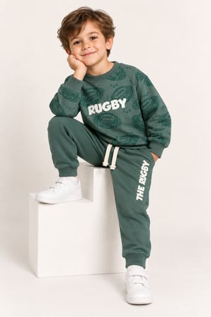Erkek Çocuk Rugby Topu Baskılı Pamuklu Sweatshirt ve Pantolon Eşofman Takımı Ak119