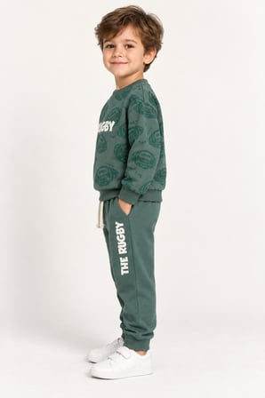Erkek Çocuk Rugby Topu Baskılı Pamuklu Sweatshirt ve Pantolon Eşofman Takımı Ak119