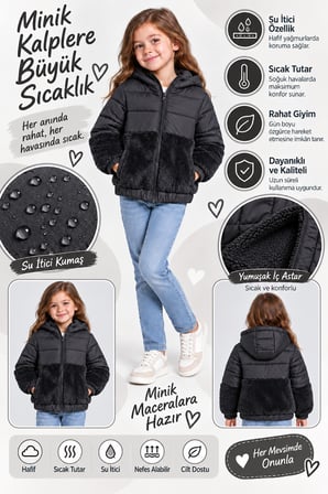 Kız Çocuk Kapüşonlu Su İtici Şişme Mont Peluş Detaylı Sıcak Tutan Kışlık Ceket Ak4290