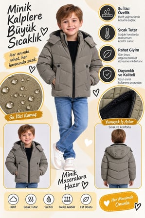 Erkek Çocuk Kapüşonlu Şişme Mont Fermuarlı Cep Detaylı Günlük Kışlık Su İtici Çocuk Montu Ak4280
