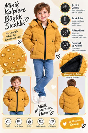Erkek Çocuk Kapüşonlu Şişme Mont Fermuarlı Cep Detaylı Günlük Kışlık Su İtici Çocuk Montu Ak4280