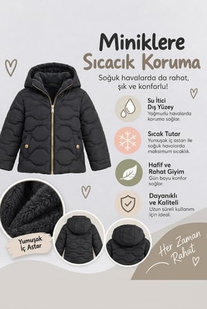 Kız Çocuk Kapüşonlu Peluş Astarlı Şişme Mont Sıcak Tutan Rahat Kışlık Ceket Ak4278