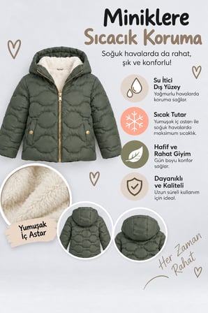 Kız Çocuk Kapüşonlu Peluş Astarlı Şişme Mont Sıcak Tutan Rahat Kışlık Ceket Ak4278
