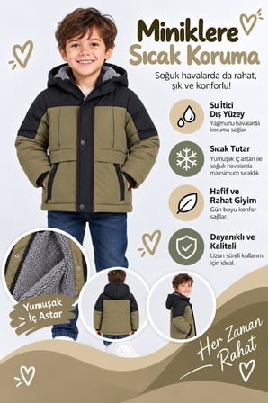Erkek Çocuk Kapüşonlu İçi Peluş Astarlı Su İtici Kışlık Mont Sarı Haki ve Gri Renk Ak4292