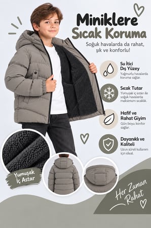 Erkek Çocuk Kapüşonlu Şişme Mont Fermuarlı Cepli Kışlık Mont Lacivert Haki Gri Ak4282