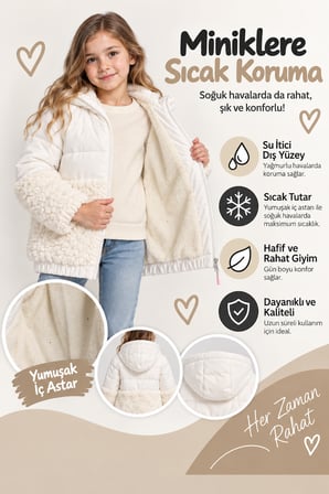 Kız Çocuk Kapüşonlu Peluş Detaylı Şişme Mont Fermuarlı Sıcak Tutan Kışlık Ceket Ak4291