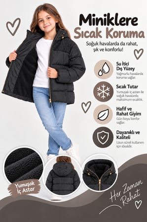 Kız Çocuk Kapüşonlu Şişme Mont Yumuşak İç Astarlı Omuz Detaylı Kışlık Mont Ak4252