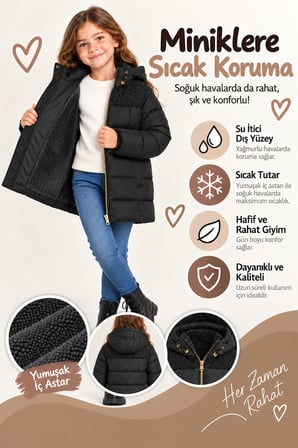 Kız Çocuk Kapüşonlu Şişme Mont Yumuşak İç Astarlı Omuz Detaylı Kışlık Mont Ak4251