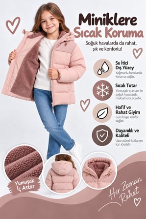 Kız Çocuk Kapüşonlu Şişme Mont Yumuşak İç Astarlı Omuz Detaylı Kışlık Mont Ak4251