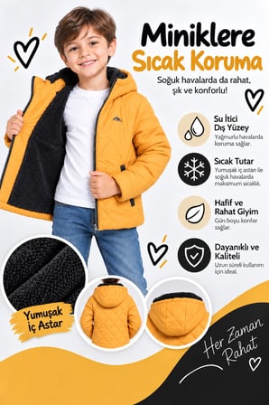 Erkek Çocuk Kapüşonlu Mont İçi Yumuşak Astarlı Fermuarlı Kışlık Ceket Ak4288