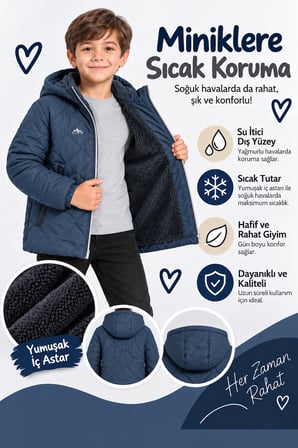 Erkek Çocuk Kapüşonlu Mont İçi Yumuşak Astarlı Fermuarlı Kışlık Ceket Ak4288
