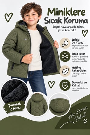 Erkek Çocuk Kapüşonlu Mont İçi Yumuşak Astarlı Fermuarlı Kışlık Ceket Ak4288