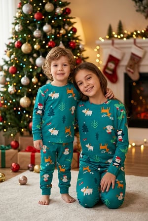 Çocuk Unisex Yılbaşı Desenli Uzun Kollu Pijama Takımı Kız Erkek Yeşil & Kırmızı 2’li Alt Üst Takım Ak3501