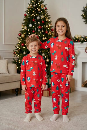 Çocuk Unisex Yılbaşı Desenli Uzun Kollu Pijama Takımı Kız Erkek Yeşil & Kırmızı 2’li Alt Üst Takım Ak3501