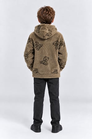 Çocuk Peluş Kapüşonlu Fermuarlı Sweatshirt Ayıcık Desenli Unisex Sıcak Tutan Yumuşak Üst Giyim Ak4120