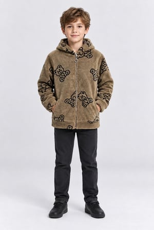 Çocuk Peluş Kapüşonlu Fermuarlı Sweatshirt Ayıcık Desenli Unisex Sıcak Tutan Yumuşak Üst Giyim Ak4120