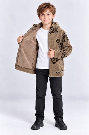 Çocuk Peluş Kapüşonlu Fermuarlı Sweatshirt Ayıcık Desenli Unisex Sıcak Tutan Yumuşak Üst Giyim Ak4120