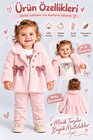 Kız Bebek Peluş Mont Fiyonklu Düğmeli Yumuşak Dokulu Kışlık Ceket Ak8548