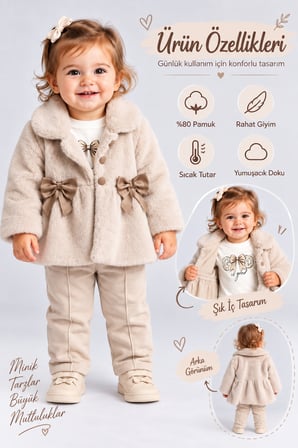 Kız Bebek Peluş Mont Fiyonklu Düğmeli Yumuşak Dokulu Kışlık Ceket Ak8548