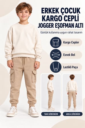 Erkek Çocuk Kargo Cepli Jogger Eşofman Altı Lastikli Bel ve Paça Ak55011