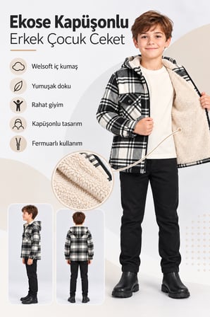 Erkek Çocuk Ekose Kapüşonlu Fermuarlı Peluş Astarlı Ceket Mont Oduncu Gömlek Ak1665