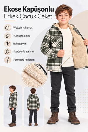 Erkek Çocuk Ekose Kapüşonlu Fermuarlı Peluş Astarlı Ceket Mont Oduncu Gömlek Ak1665