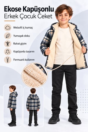 Erkek Çocuk Kapüşonlu Ekose Oduncu Gömlek Welsoft Astarlı Fermuarlı Cepli Ceket Ak1666