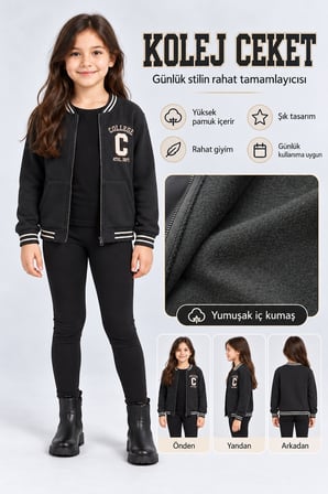 Kız Çocuk Fermuarlı Kolej Ceket Cepli Nakış Detaylı Uzun Kollu Sweatshirt Ak26690
