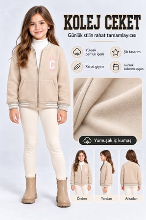 Kız Çocuk Fermuarlı Kolej Ceket Cepli Nakış Detaylı Uzun Kollu Sweatshirt Ak26690
