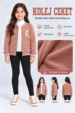 Kız Çocuk Fermuarlı Kolej Ceket Cepli Nakış Detaylı Uzun Kollu Sweatshirt Ak26690