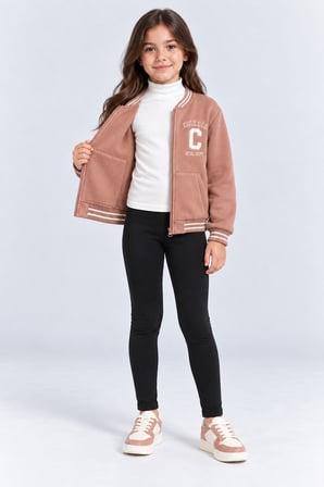 Kız Çocuk Fermuarlı Kolej Ceket Cepli Nakış Detaylı Uzun Kollu Sweatshirt Ak26690