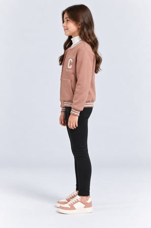Kız Çocuk Fermuarlı Kolej Ceket Cepli Nakış Detaylı Uzun Kollu Sweatshirt Ak26690