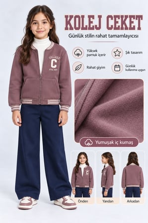 Kız Çocuk Fermuarlı Kolej Ceket Cepli Nakış Detaylı Uzun Kollu Sweatshirt Ak26690
