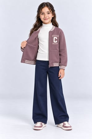 Kız Çocuk Fermuarlı Kolej Ceket Cepli Nakış Detaylı Uzun Kollu Sweatshirt Ak26690
