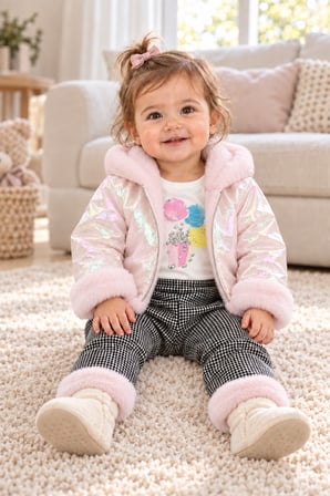 Kız Bebek 3 Parça Takım Peluş Detaylı Kapüşonlu Parlak Mont Baskılı Üst Desenli Pantolon Ak1019